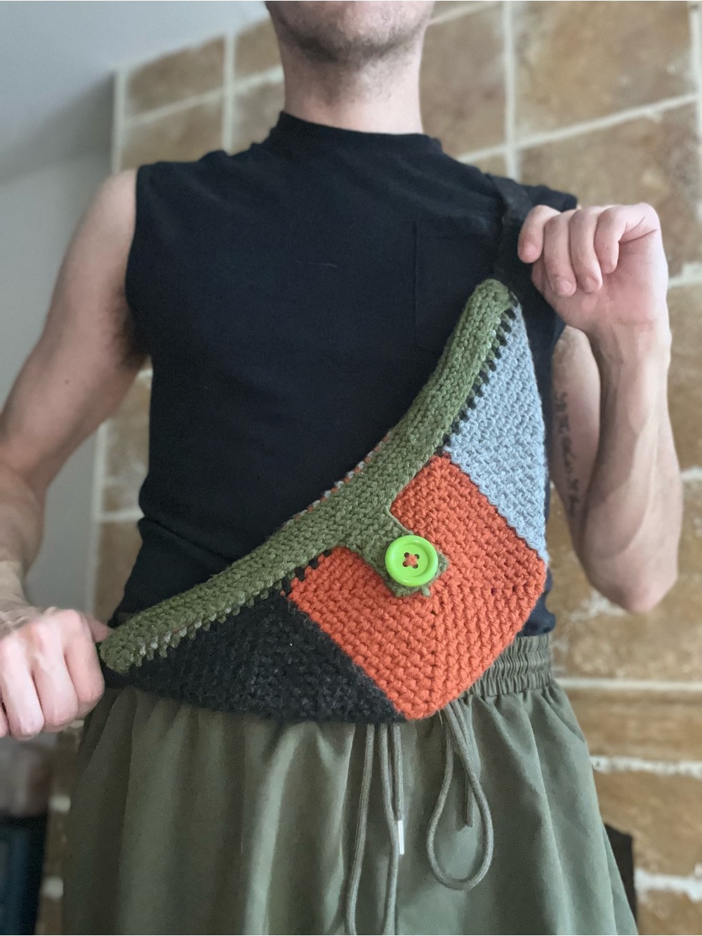 Handmade Colorblock Crochet Belt Bag in Green, Orange & Gray